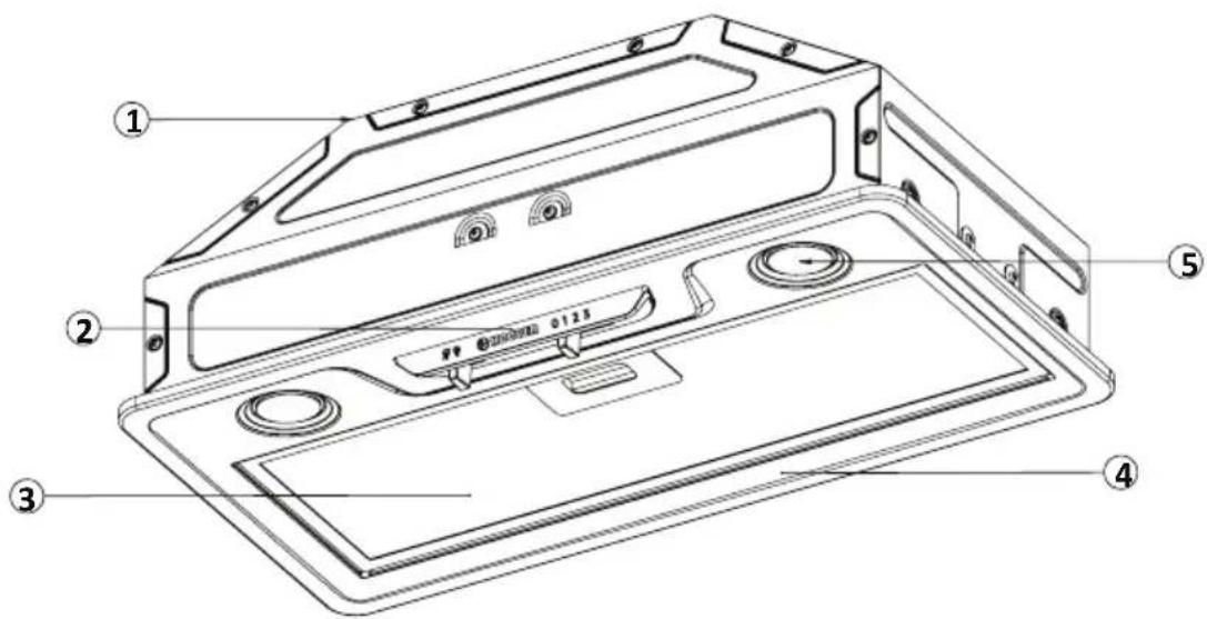 Technical diagram of a device casing with numbered components and labeled parts