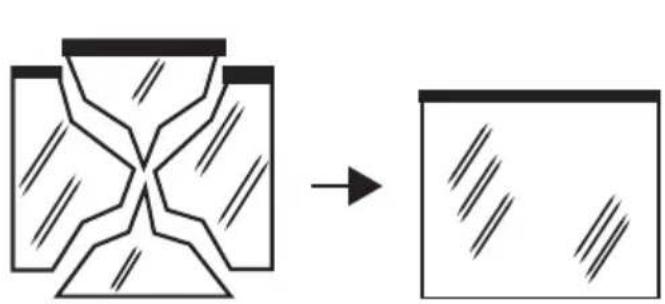 Diagram showing a hourglass-shaped object transforming into a rectangular block with diagonal lines (no text or symbols)
