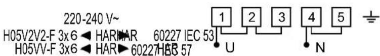 220-240 V~ H05V2V2-F 3x6 ◀ HARMAR 60227 IEC 53 H05VV-F 3x6 ◀ HAR▶ 60227 IEC 57 1 2 3 4 5 U N