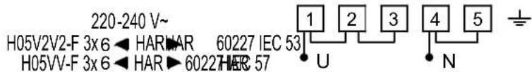 220-240 V~ H05V2V2-F 3x6 ◀ HAR HAR 60227 IEC 53 H05VV-F 3x6 ◀ HAR ▶ 60227 IEC 57 1 2 3 4 5 U N