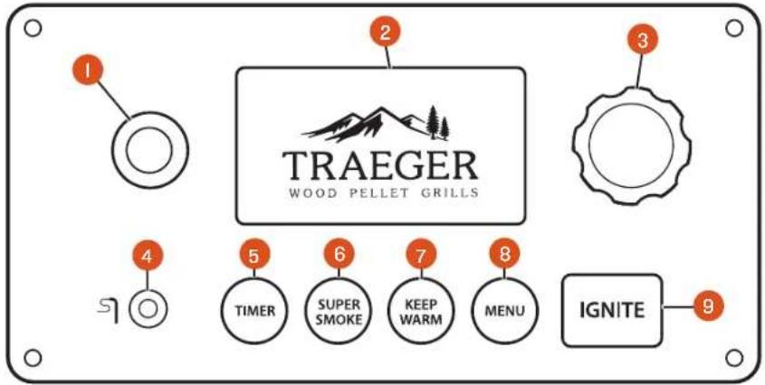 1 2 3 TRAEGER WOOD PELLET GRILLS 4 5 6 7 8 TIMER SUPER SMOKE KEEP WARM MENU IGNITE 9