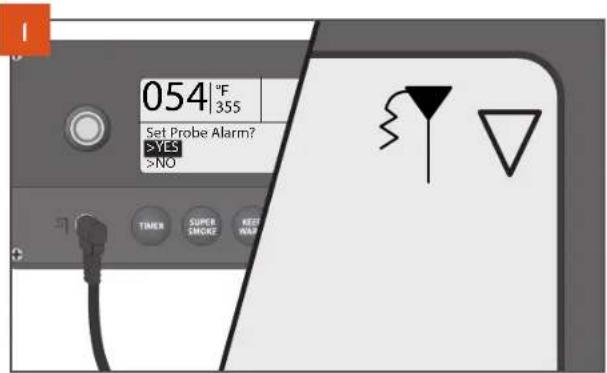 054 °F 355 Set Probe Alarm? >YES >NO TIMER SUPER SMOKE KEEF HWP