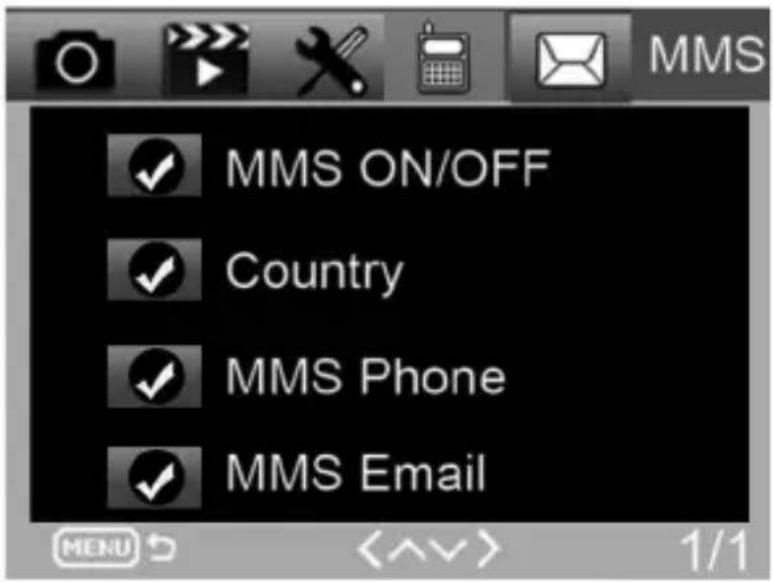 MMS ✓ MMS ON/OFF ✓ Country ✓ MMS Phone ✓ MMS Email MENU <^^> 1/1