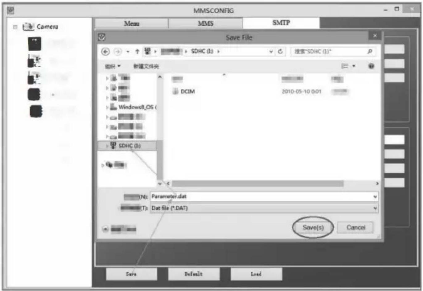 MMSCONFIG Menu MMS SMTP Camera Save File SDHC (1) 搜索"SDHC (1)" 组织 新建文件夹 DCIM 2010-05-10 0:01 WindowsB_OS ( SDHC (1) (N): Parameter.dat Dat file (*.DAT) Save(s) Cancel Save Default Load