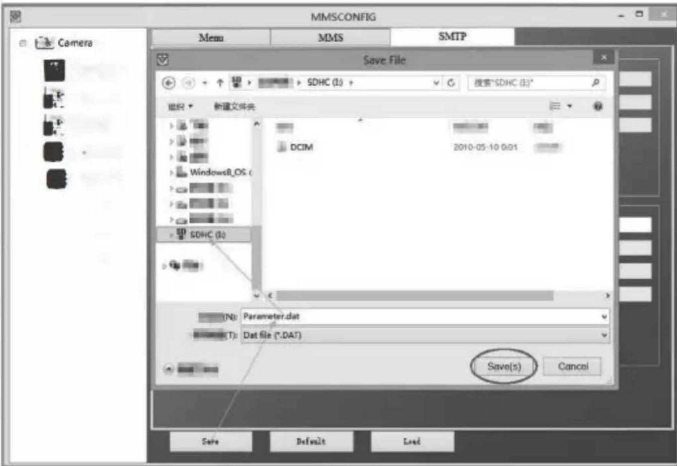 MMSCONFIG Mem MMS SMTP Camera Save File SDHC (1) 搜索"SDHC (E)" 组织 新建文件夹 DCIM 2010-05-10 0:01 Windows8_OS ( SDHIC (1) (N): Parameter.dat (T): Dat file (*.DAT) Save(s) Cancel Save Default Load