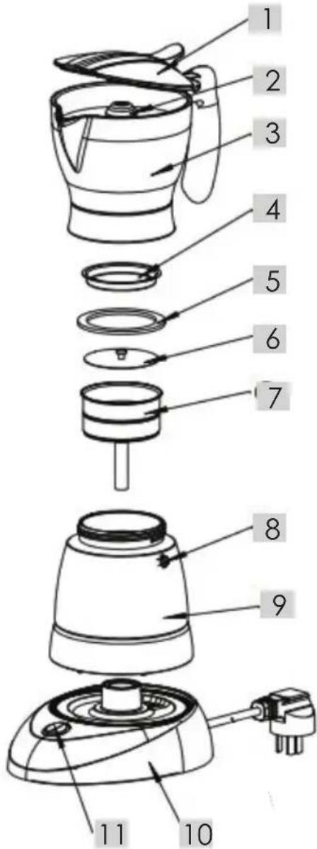 Exploded view diagram of a coffee maker with numbered parts for identification