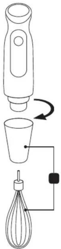 Diagram showing a hand-crank cleaning or cleaning process with a brush, mixing cup, and whisk, labeled in English.
