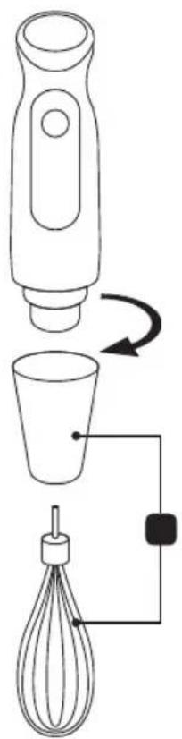 Diagram showing a hand-crank cleaning or cleaning process with a brush, mixing cup, and whisk, labeled in English.