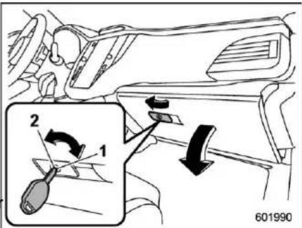 Diagram showing car interior and dashboard shift mechanism with labeled parts 1 and 2, including a magnified inset of the lever mechanism.