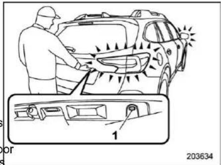 Diagram showing a person cleaning a car with directional arrows and a zoomed-in view labeled '1', including a vehicle control panel inset.