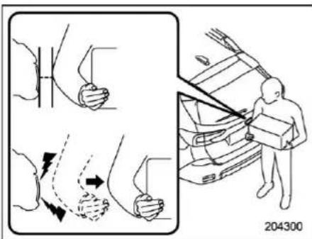 Diagram illustrating car safety instructions with hand gestures and a person handling equipment, labeled '204300'