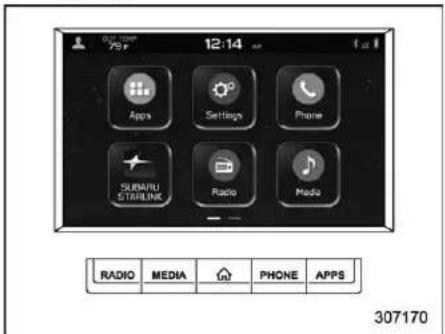 75 F 12:14 Apps Settings Phone SUBARU STARLINK Radio Media RADIO MEDIA Air PHONE APPS 307170