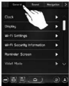 General Sound Navigation Clock Display Wi-Fi Settings Wi-Fi Security Information Reminder Screen Violet Mode