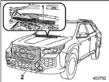 Technical diagram of a car showing engine compartment and structural components with numbered annotations