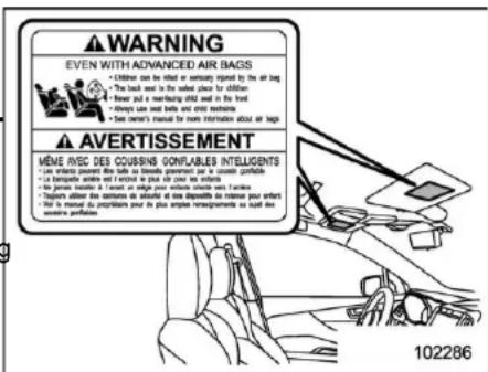 WARNING EVEN WITH ADVANCED AIR BAGS • Children can be killed or mandatory injured by the air bag • The back used in the next place for children • Never put a membering child and in the front • I always use and binds and edit materials • See owner's manual for more information about air bags AVERTISSEMENT MÈME AVEC DES COUSINS CONFLÉRES INTELLIGENTS • Use entire person due to safe or bad conditions prevent it in contact. • Use bioparticles and e-factors in what is your own • Use persons without an attack or no errors without any other • Toport allow their conditions on animals at one disposable or remote your own • Use a manual for purposes your in plus amples remeignements as light des vessures profilsions 102286