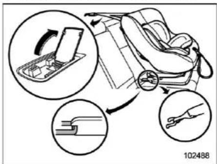 Diagram illustrating car seat assembly steps with magnified views of internal components and a cutting tool.