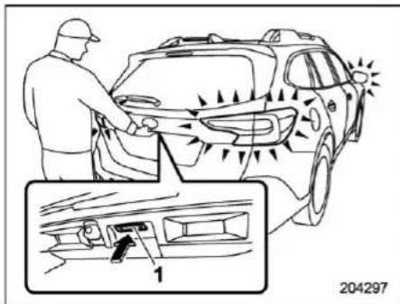 Diagram showing a person cleaning a car with directional arrows and a magnified inset highlighting the component '1'.