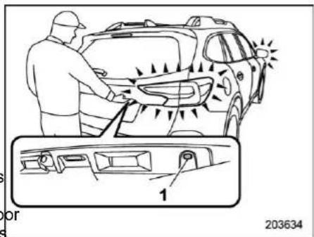 Diagram showing a person adjusting a car's side panel with arrows indicating motion, labeled with number 203634