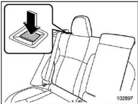 Diagram showing car seatbelt insertion with a magnified inset highlighting the down-left corner of the seatbelt.