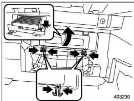Technical diagram showing engine compartment with labeled components and directional arrows indicating assembly or movement
