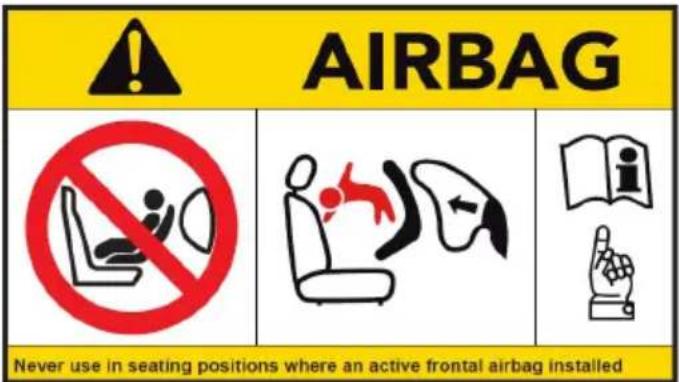 AIRBAG Never use in seating positions where an active frontal airbag installed