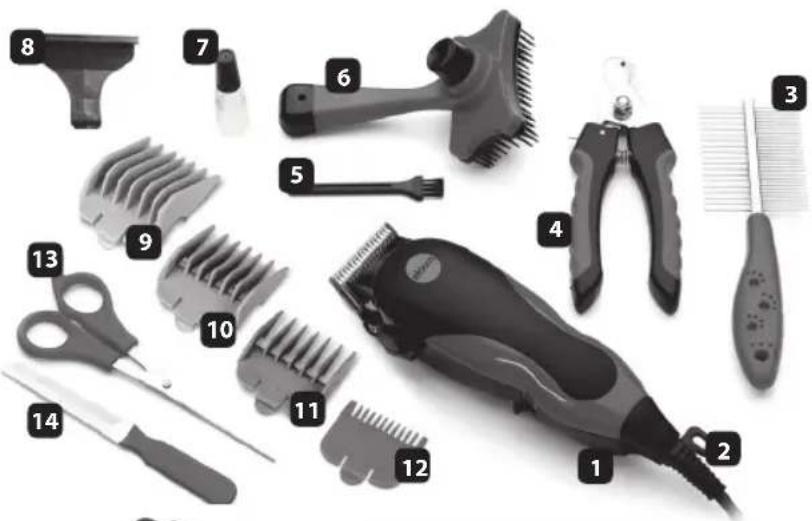 Labeled image of hair styling tools including hair blower, comb, and hairbrushes with numbered parts