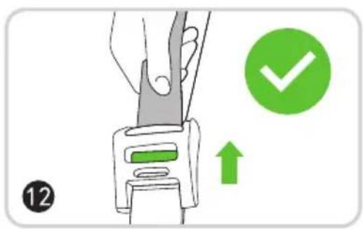 Diagram showing a hand using a belt buckle with a green checkmark and upward arrow, labeled with number 12.
