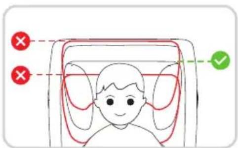 Diagram illustrating eye examination with red X marks and green checkmark, showing a person's face with ear structures.