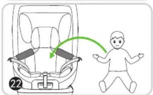 Diagram showing car seat assembly with a person walking and a green arrow indicating rotation or movement from seat to seat.