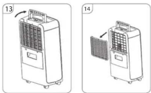 Diagram showing two views of an air purifier device with labeled parts and directional arrows indicating components.