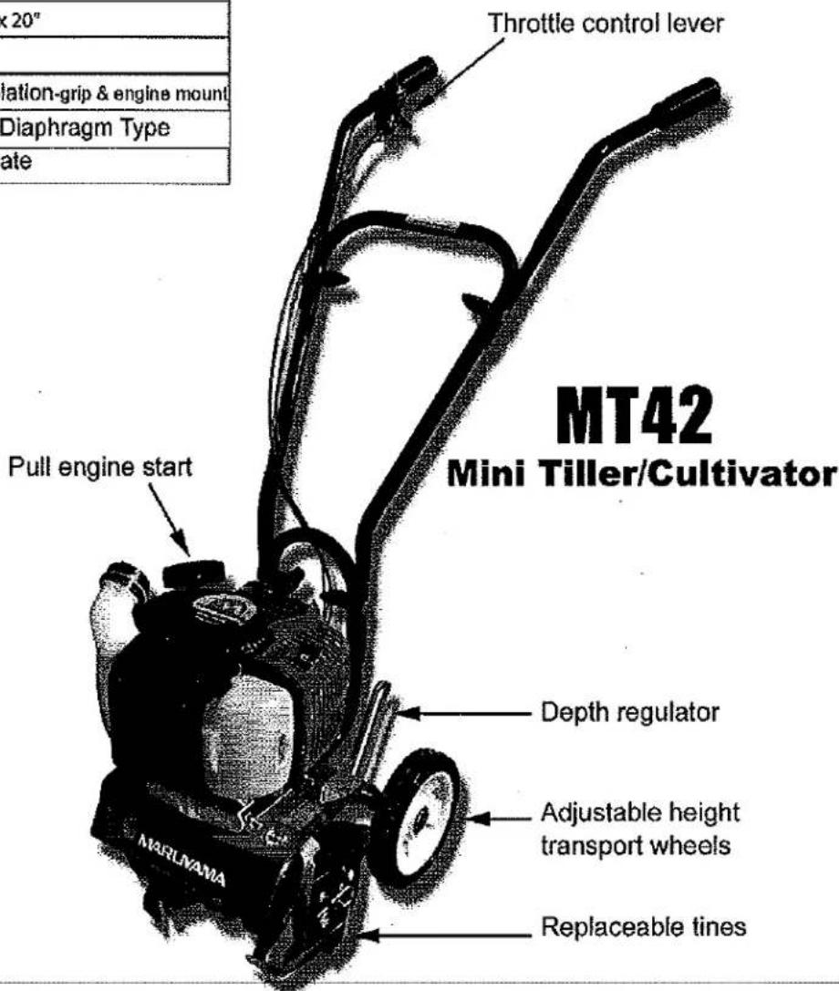 x 20° lation-grip & engine mount Diaphragm Type ate Throttle control lever MT42 Mini Tiller/Cultivator Pull engine start Depth regulator Adjustable height transport wheels Replaceable tines MARUYAMA