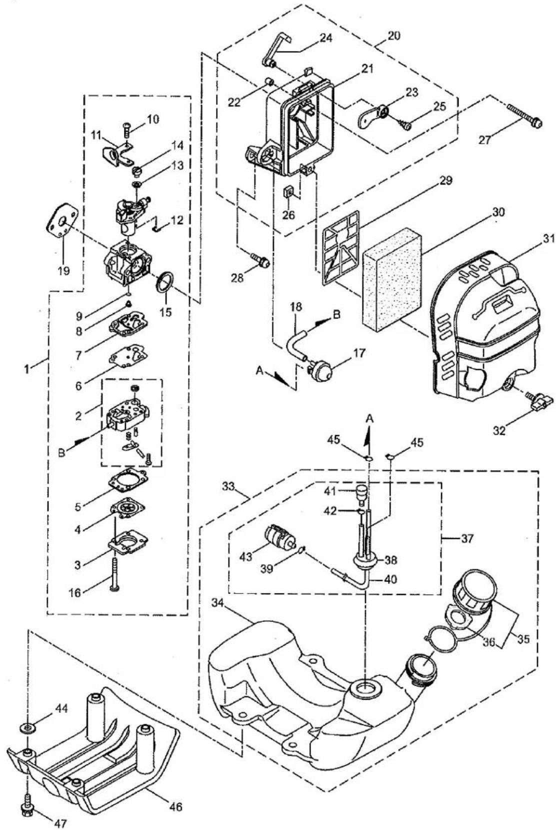 Exploded view diagram of a mechanical assembly with numbered parts and labeled components