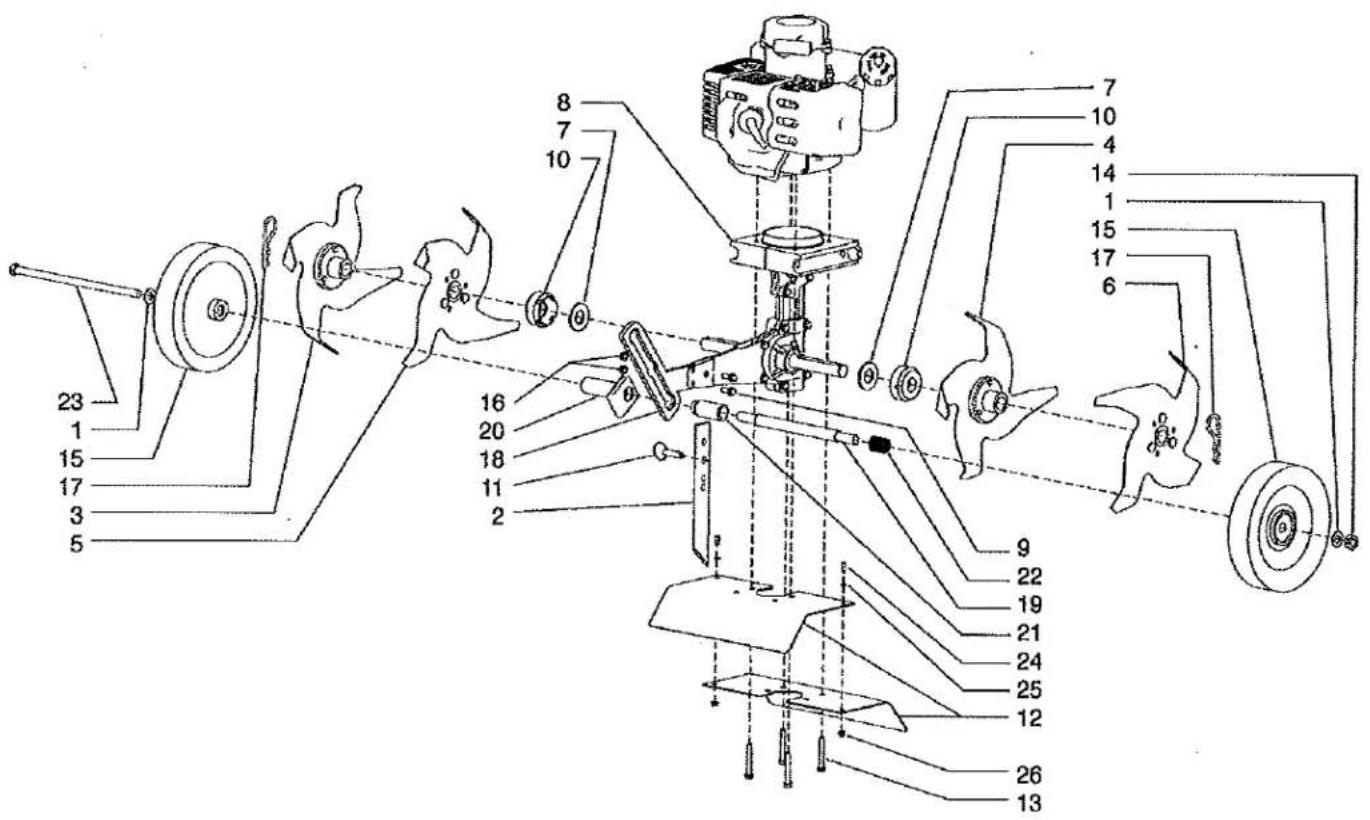 Technical diagram of a mechanical assembly with numbered components and labeled parts