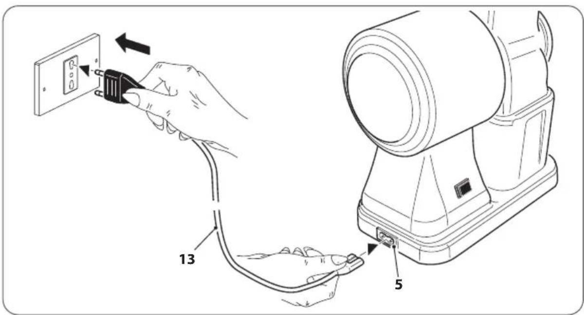 Diagram showing installation of a wall socket connected to a device via cable, with labeled parts 13 and 5.