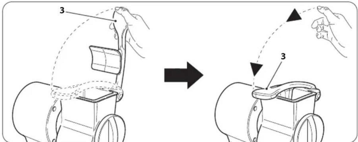 Diagram illustrating a robotic device's step-by-step assembly, showing hand positioning and motion direction.