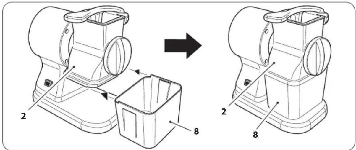 Technical diagram showing assembly steps of a mechanical component, with numbered parts and directional arrow indicating process flow.
