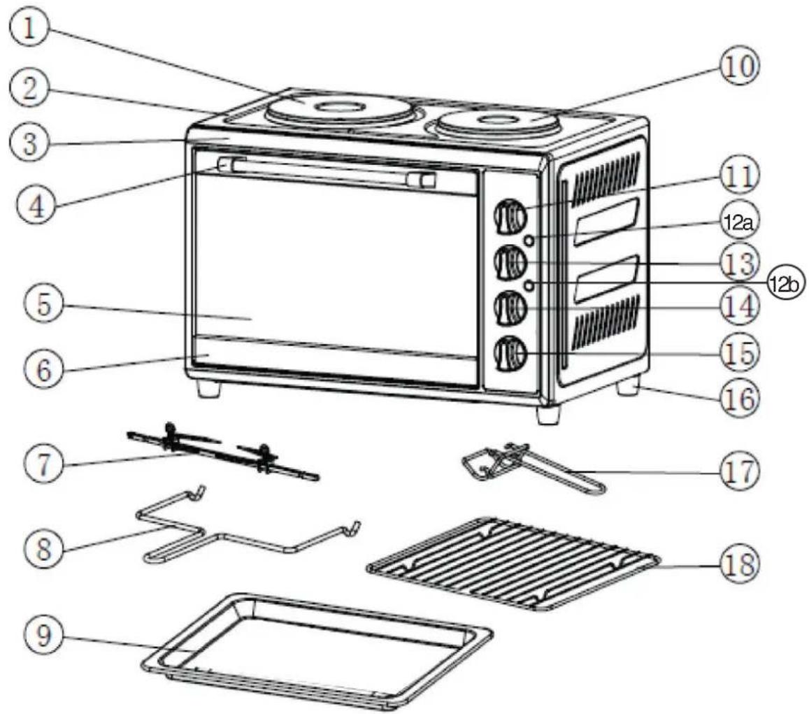 Labeled diagram of a microwave oven with numbered parts for identification