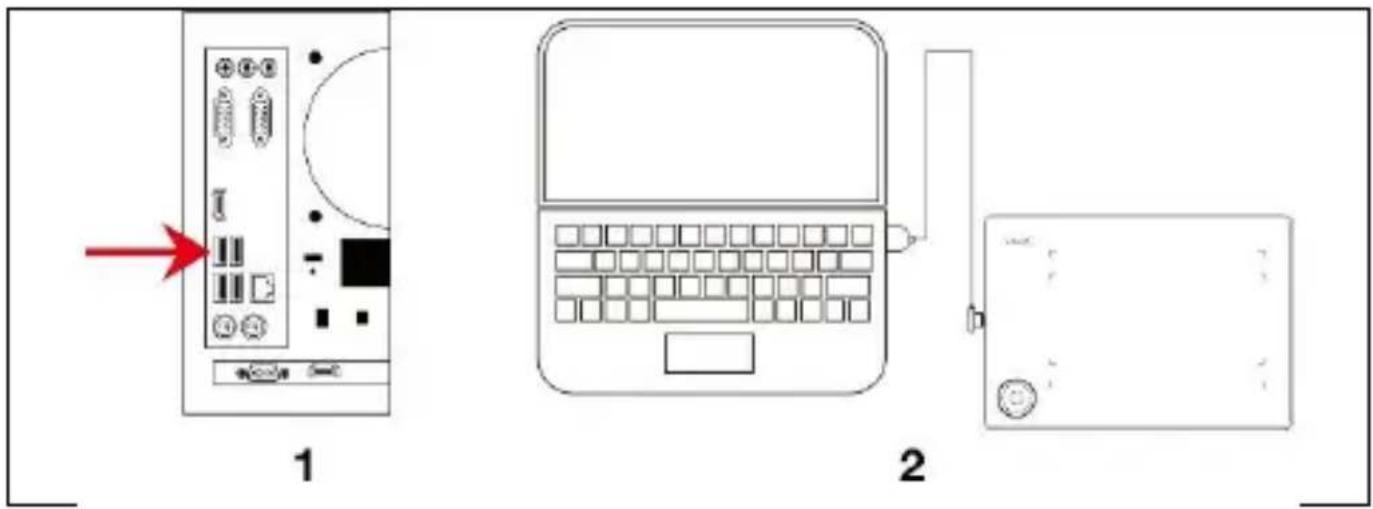 Diagram showing two connected devices: a computer interface with a mouse and a laptop, labeled 1 and 2 respectively.