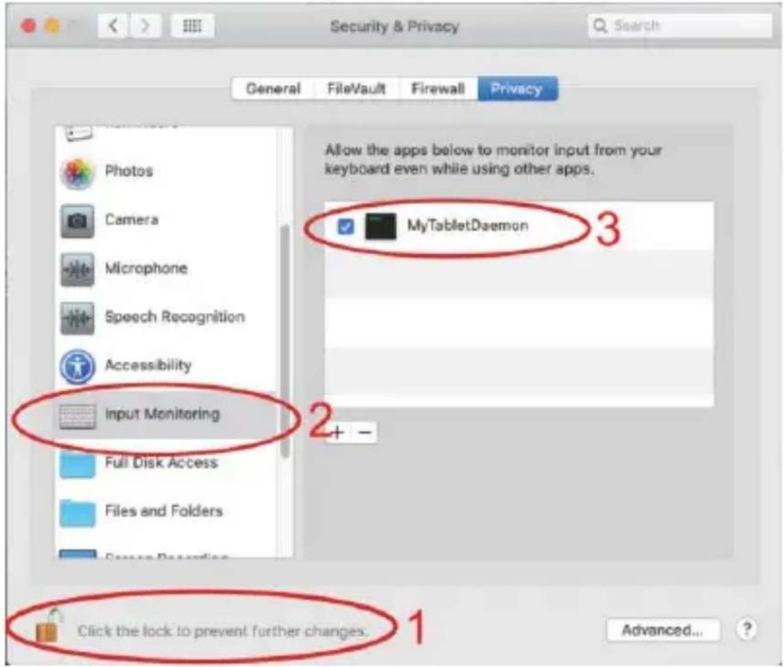 Security & Privacy General FileVault Firewall Privacy Photos Camera Microphone Speech Recognition Accessibility Input Monitoring Full Disk Access Files and Folders Click the lock to prevent further changes. Allow the apps below to monitor input from your keyboard even while using other apps. MyTabletDaemon 3 2 + - 1 Advanced... ?