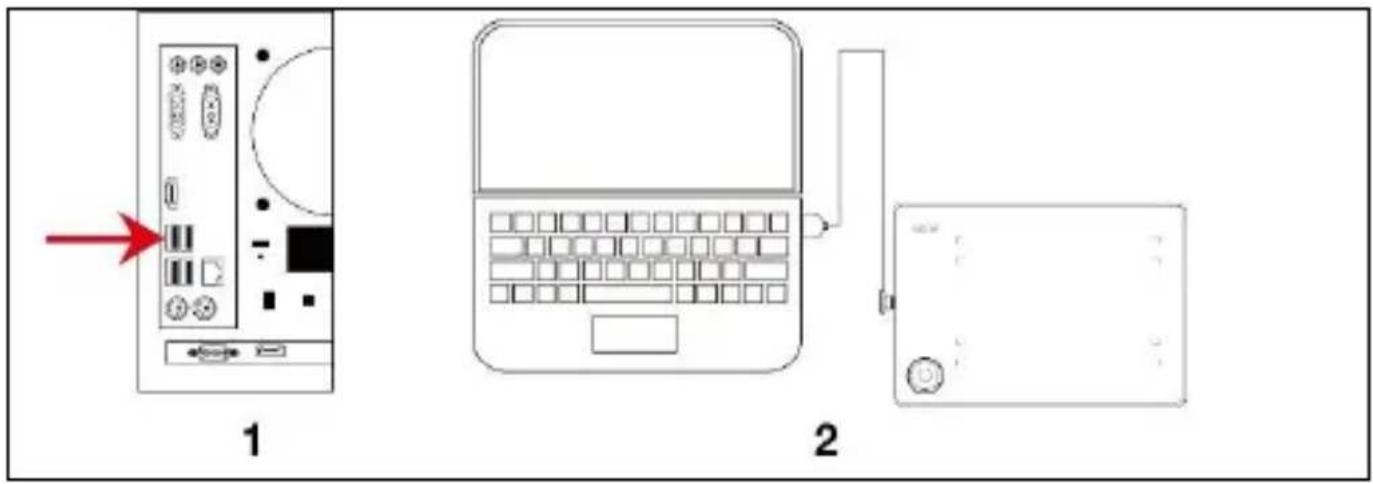 Diagram showing two connected devices: one with a computer interface and red arrow pointing to it, the other with a laptop keyboard and connected via cable.