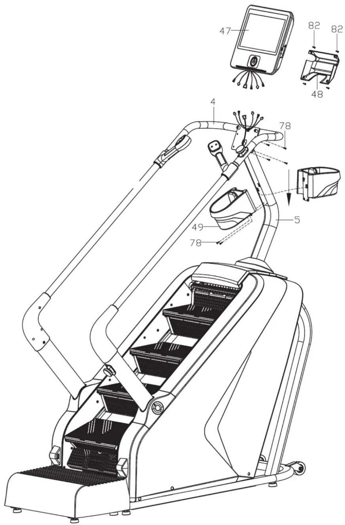 Technical diagram of a robotic exercise machine with labeled components and exploded view