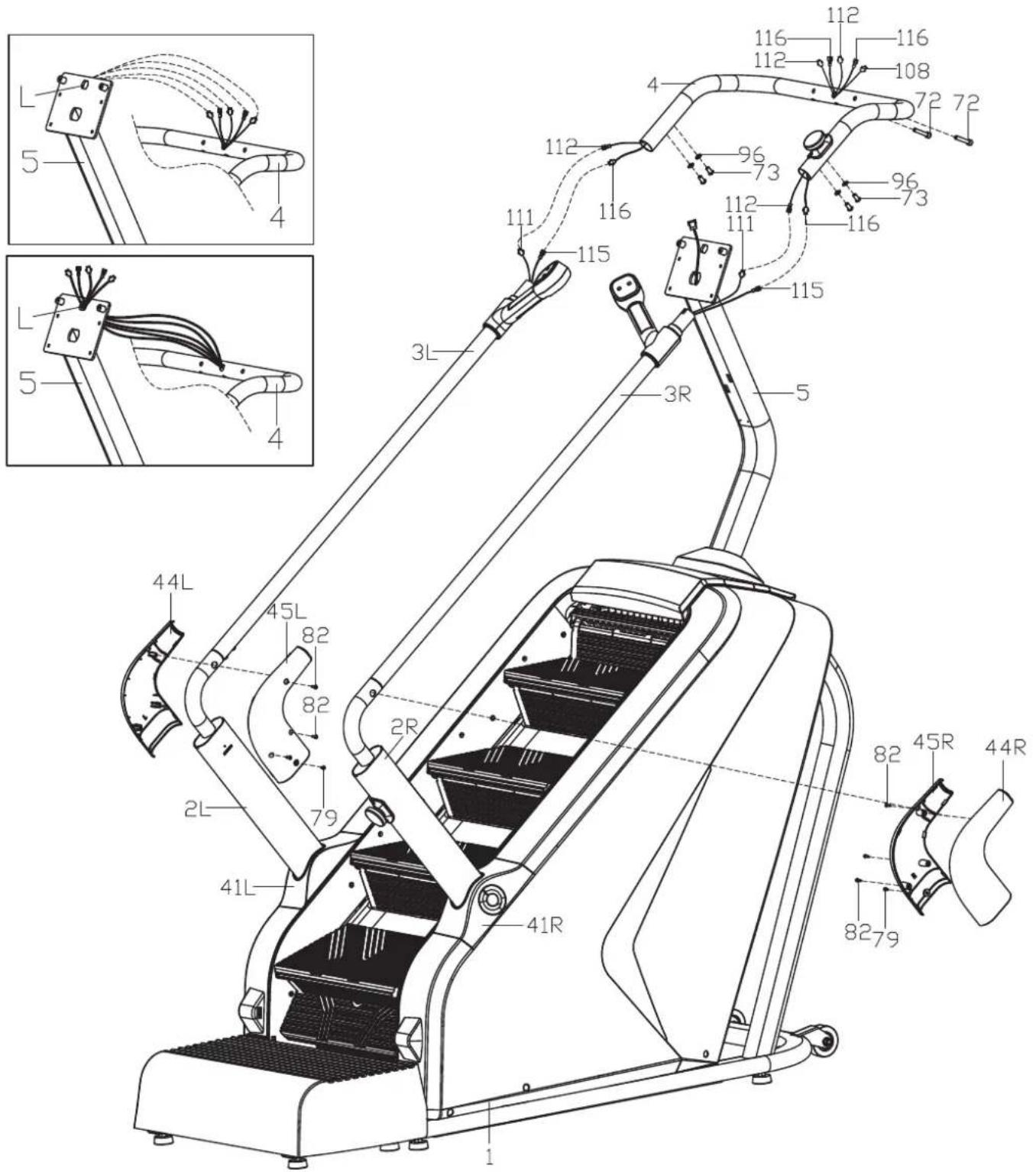Technical diagram of a mechanical device with labeled parts and exploded views, including L, 4, 5, 112-116, and 82-R specifications.