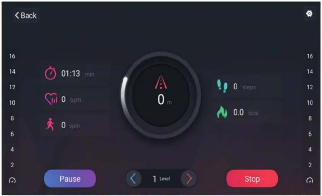 < Back 01:13 min 0 bpm 0 spm 0 m 0 steps 0.0 kcal Pause 1 Level Stop