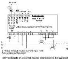 12-48V DC (12-48V DC) Gnd A B TR 10-48A Voltage Measuring Input Current Measuring Input Supply Anode Supply 3 Phase without neutral current input with Anon wiring configuration Device needs an external neutral connection to be supplied)