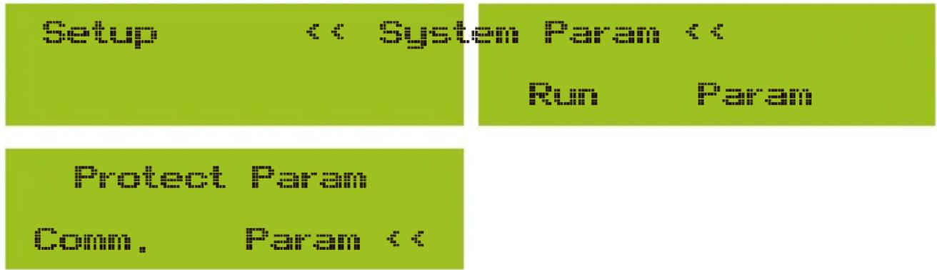 Setup << System Param << Run Param Protect Param Comm. Param <<