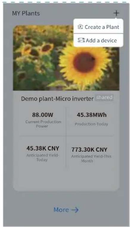 MY Plants Create a Plant Add a device Demo plant-Micro inverter shared 88.00W 45.38MWh Current Production Power Production-Today 45.38K CNY 773.30K CNY Anticipated Yield- Today Anticipated Yield-This Month More →