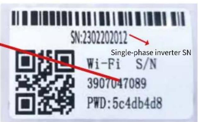 SN:2302202012 Single-phase inverter SN Wi-Fi S/N 3907047089 PWD:5c4db4d8