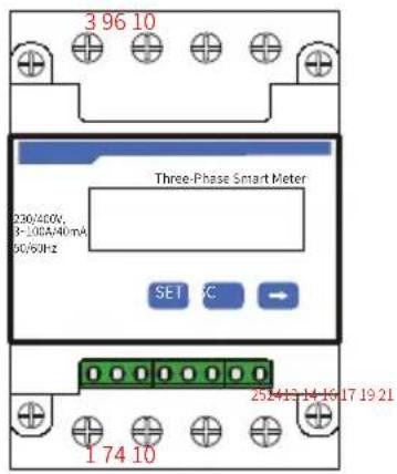 3 96 10 Three-Phase Smart Meter 230/400V, B=100A/40mA DC/50Hz SET OK 252413 14 16 17 19 21 1 74 10