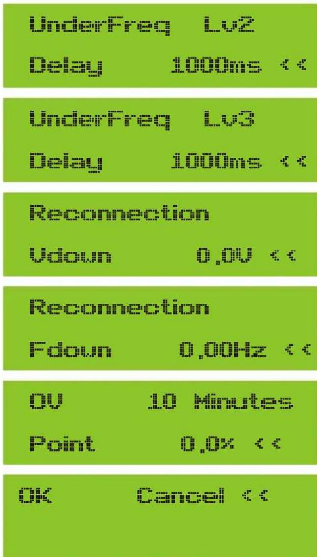 UnderFreq Lv2 Delay 1000ms × UnderFreq Lv3 Delay 1000ms × Reconnection down 0.0V × Reconnection Fdown 0.00Hz × 0V 10 Minutes Point 0.0K × OK Cancel ×