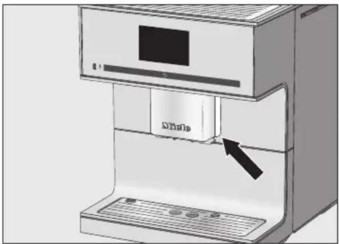 Illustration of a digital water dispenser with a black arrow pointing to the device (no text or symbols present)